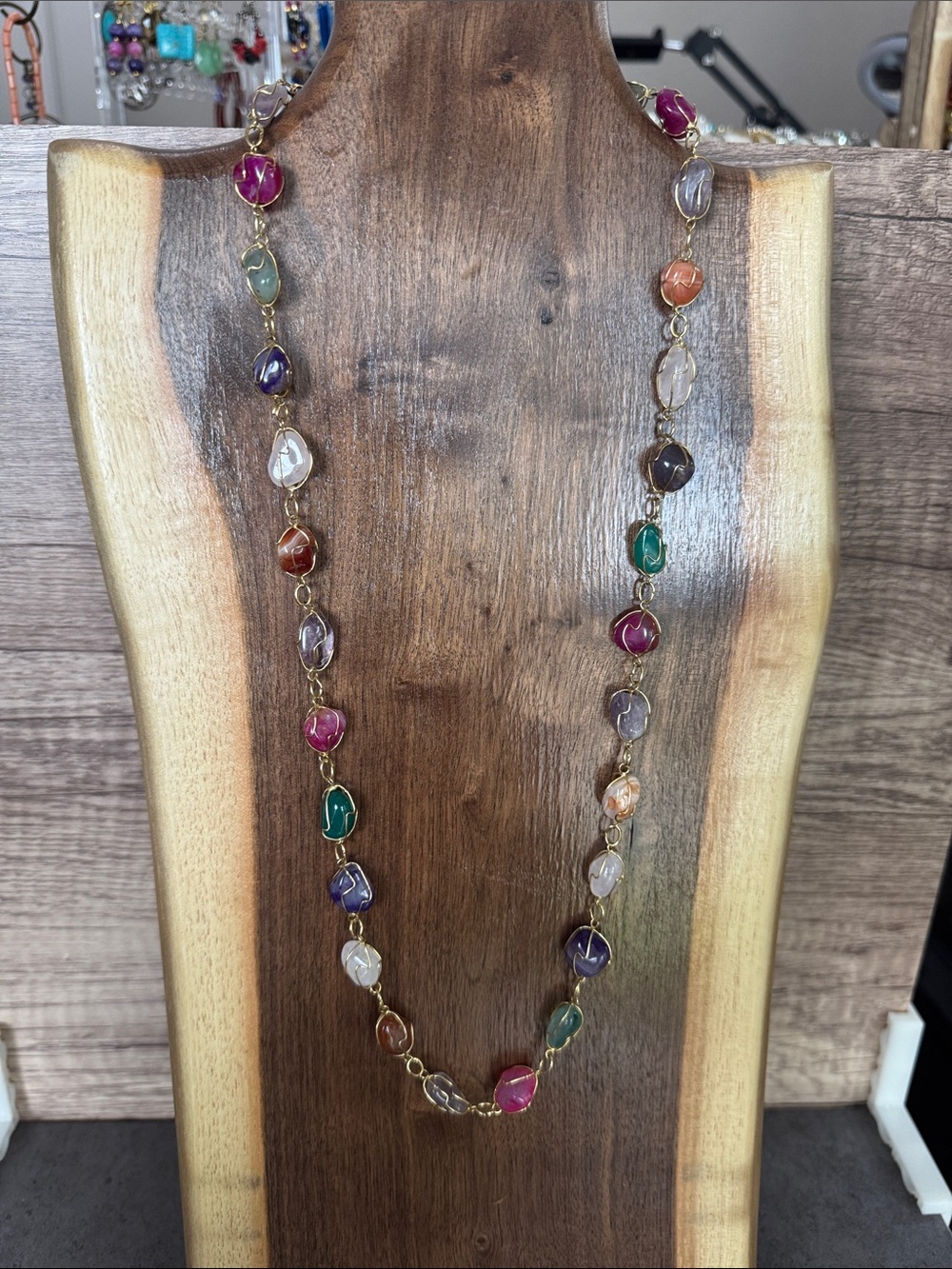 Long Wire-Wrapped Colorful Gemstone Necklace-Agate, Amethyst & Quartz